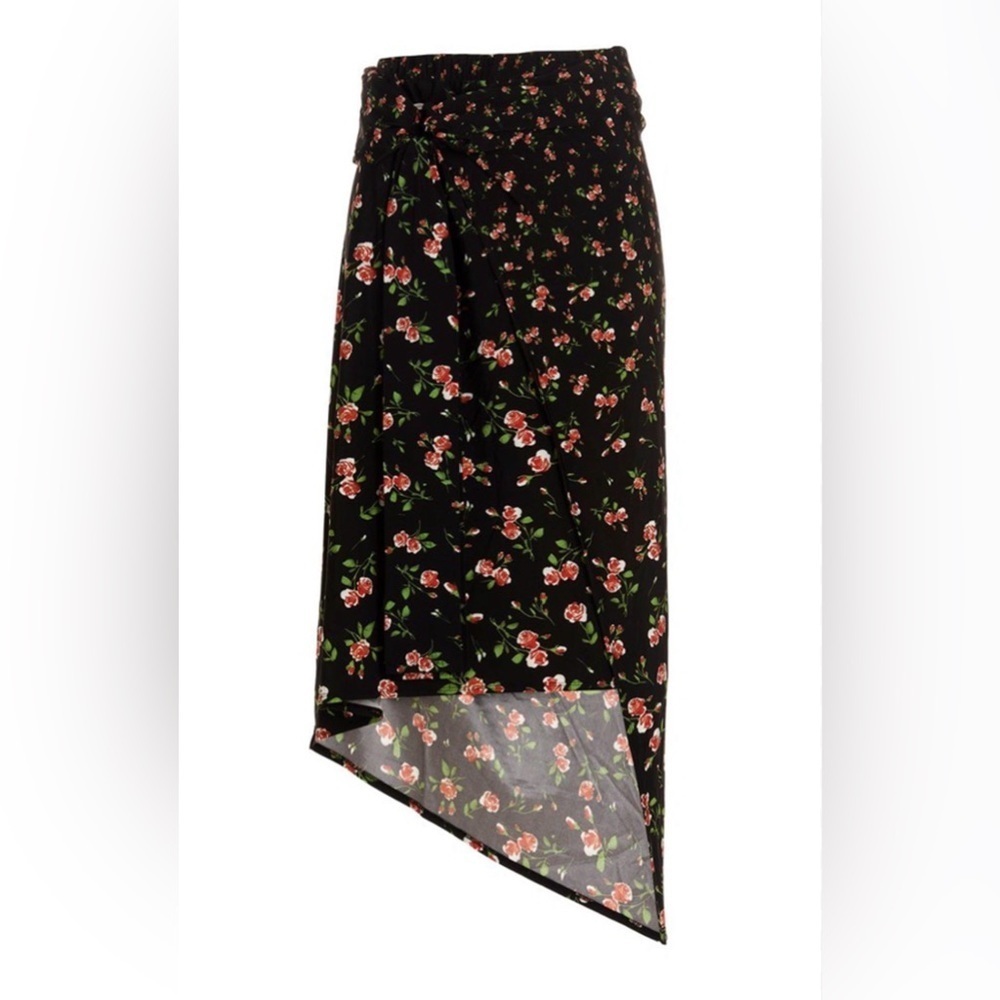 PACO RABANNE Asymmetric Floral Skirt in Print Black Pluie de Roses. Size 36